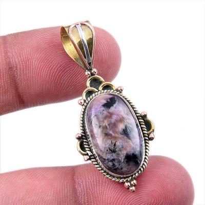 Natural Charoite Gemstone 925 Solid Sterling Silver Two Tone Pendant 1.50" M3e85