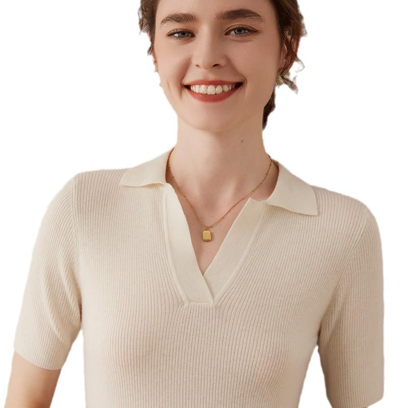 Women's Ultra-Fine Spun Cashmere Sweater: Soft, Sticky, POLO Collar, Short Slim-Fit Half Sleeves, Five-Point Style, Ideal Base Layer