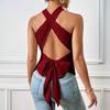 European and American Summer New Fashion Sleeveless Tight Threaded T-shirt Backless Neck Back Strap Knitted Top
