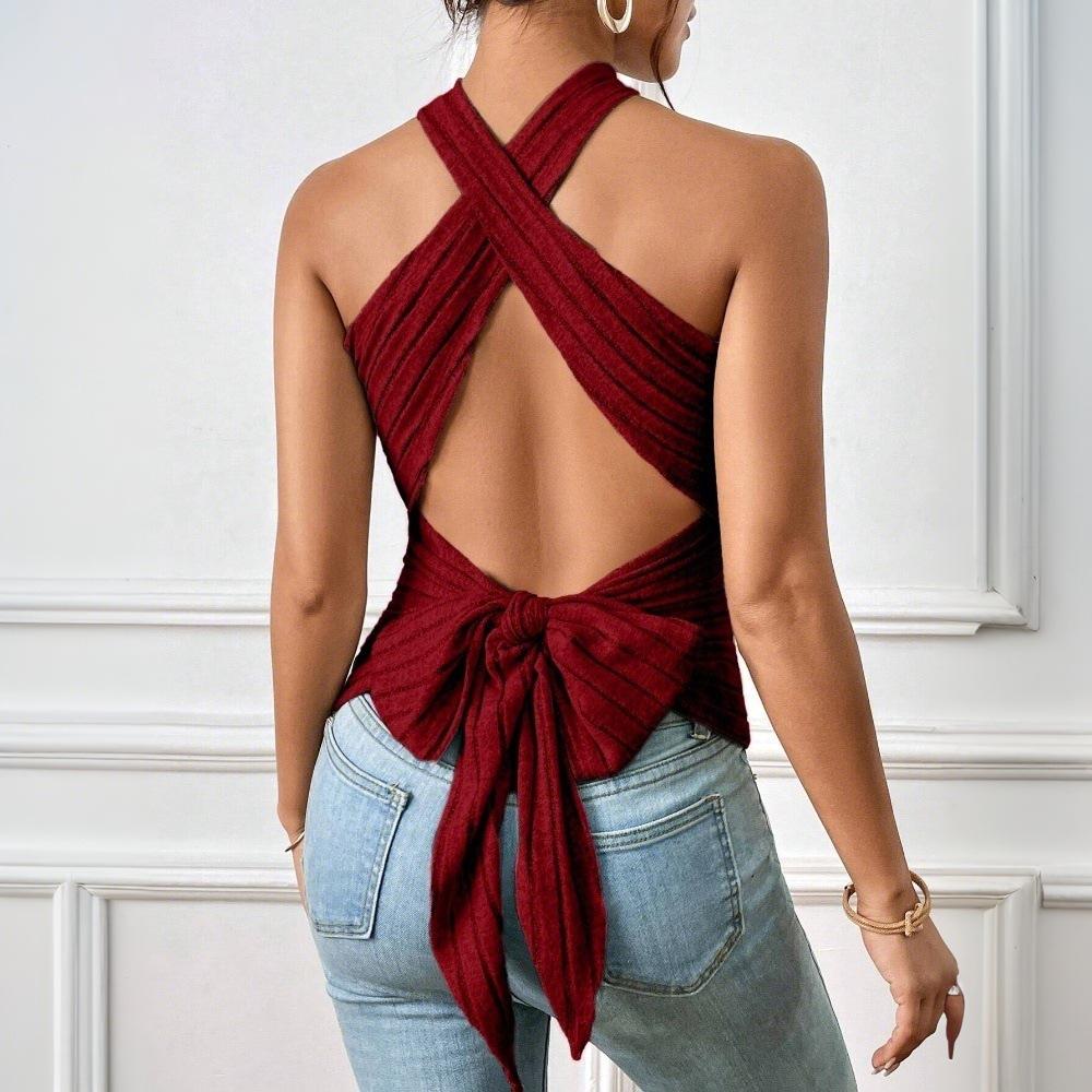European and American Summer New Fashion Sleeveless Tight Threaded T-shirt Backless Neck Back Strap Knitted Top