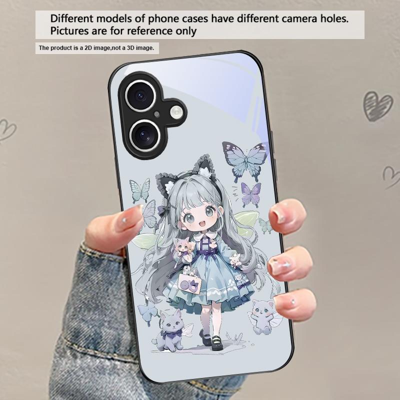 Q-version Blue Butterfly For iPhone 17 Air 16 E 15 Plus 14 Pro Max 13 12 Mini 11 5 6 7 8 Plus XR XSMax SE Black Glass Phone Case