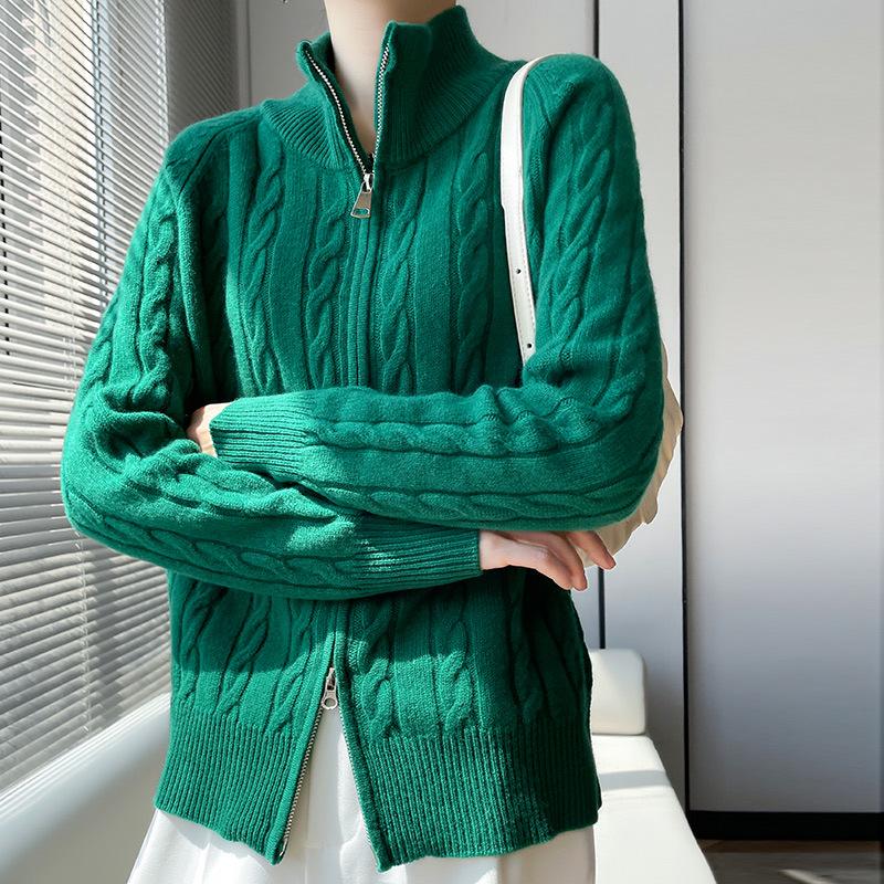 Women's Wool Zipper Knit Cardigan Sweater with Lapel