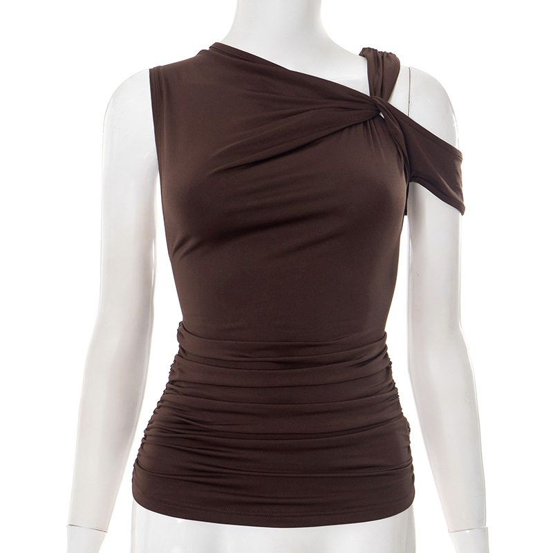 Slanted Shoulder Irregular Vest Top Fashion Diagonal Shoulder Asymmetrical Vest Tops Women Brown S
