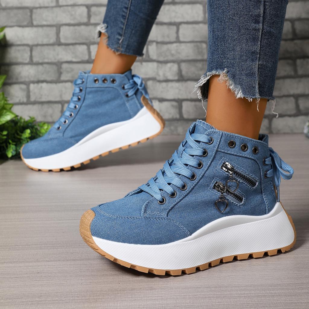 Women Plus Sizes Sneakers Lace Up Sexy Sneakers Thick Sole Girls Students Ankle Canvas Boots High Top Denim Canvas Shoes Female