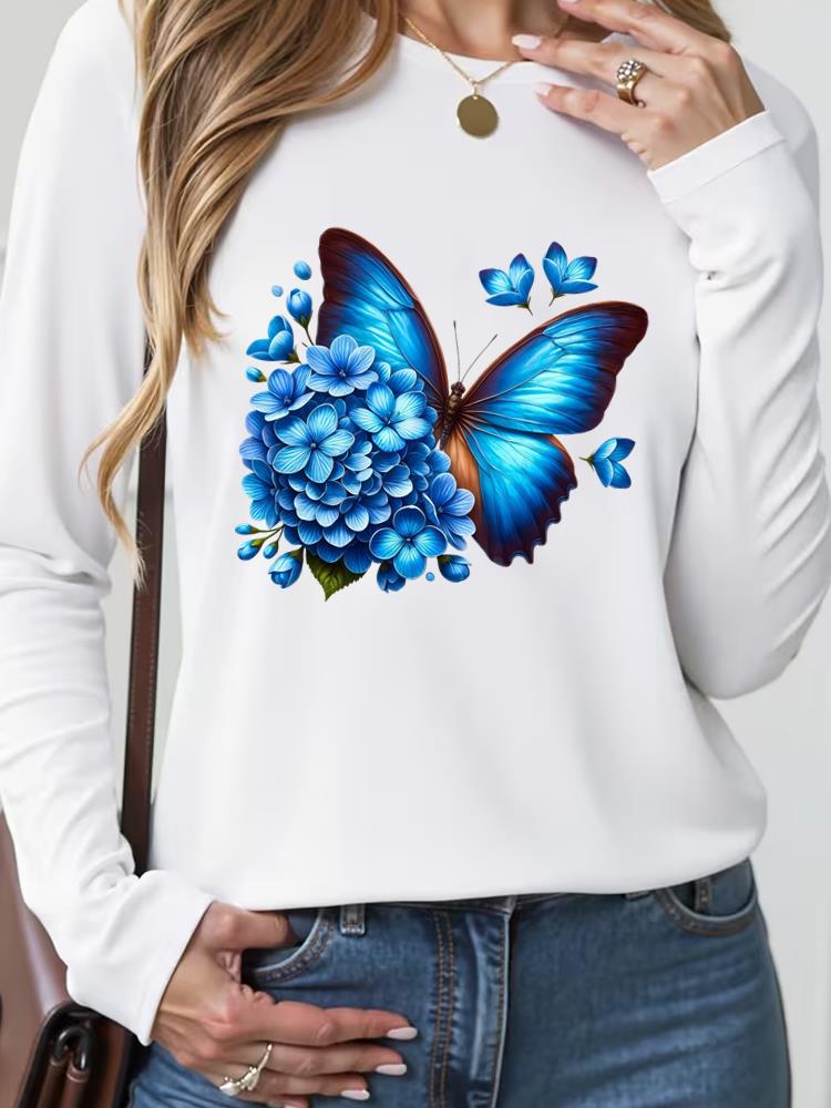 (Asian Size) Sweet Butterfly Trend Cute T Shirt Tee Lady Printed O-neck Women Female Clothing Casual Fashion Top Long Sleeve Graphic T-shirts