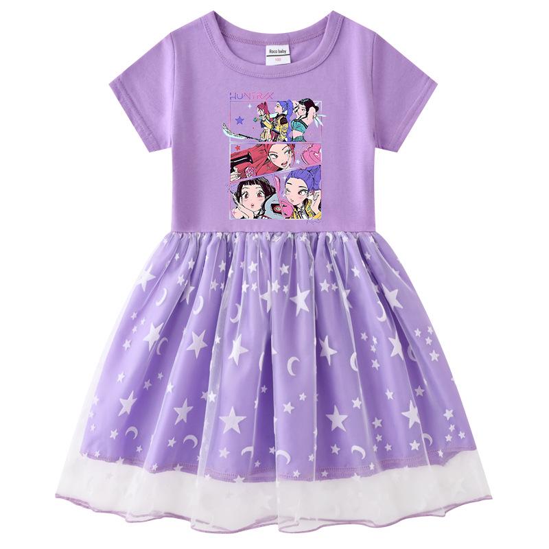 Vestido de Princesa Kpop Demon Slayer para Niñas con Lentejuelas Arcoíris y Malla, con Mangas Largas y Cortas para Primavera, Verano y Otoño.