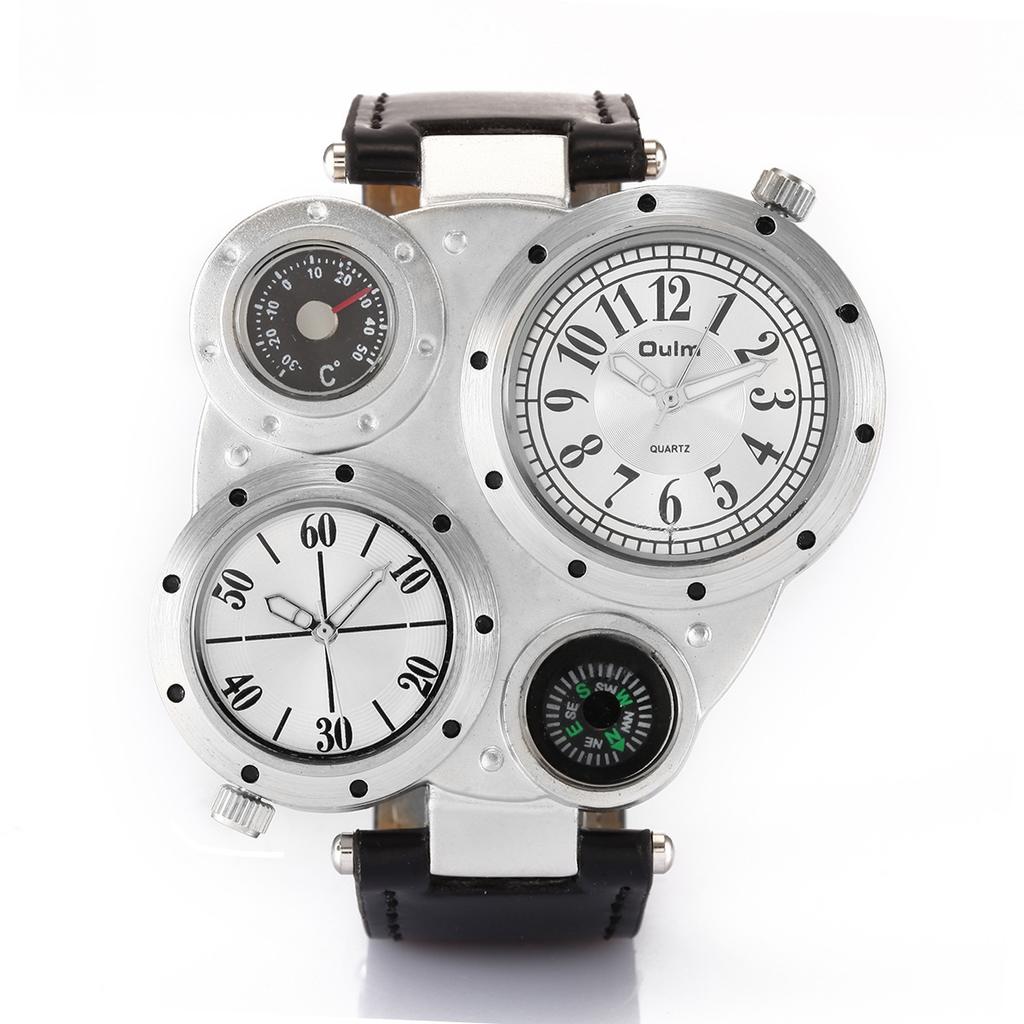 Oulm Dual Time Zone Men'S Belt Watch, Large Dial Compass Quartz Watch