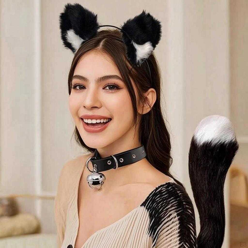 3-teiliges Katzen-Cosplay-Set mit Kunstfell, Katzenohren und Schwanz, verstellbares Stirnband für