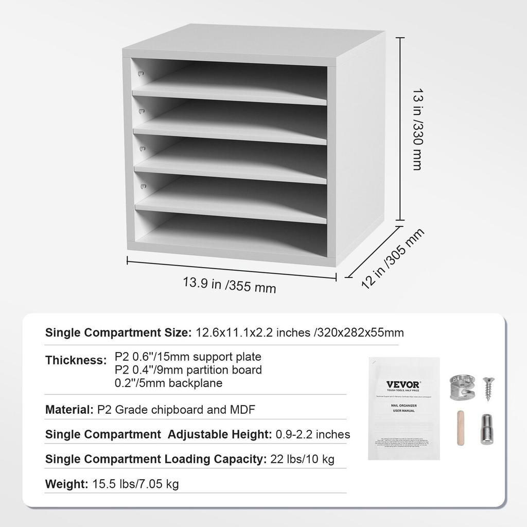 Literature Organizers, 5 Compartments Office Mailbox with Adjustable Shelves, Wood Literature Sorter 13.9x12x13 Inches for Office, Home, Classroom,