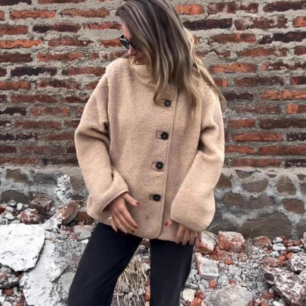 2025 INS A/W Flauschiger Stehkragen Knopfleiste Locker Warm Fleece Mantel