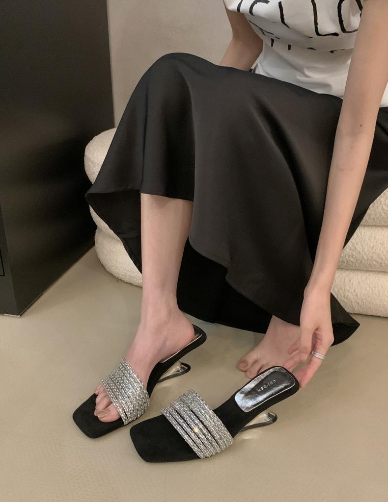 Fairy Rhinestone Slippers 2025 Summer French Square Toe Open Toe Fashion Wedge Slippers Women's High Heel Sandals