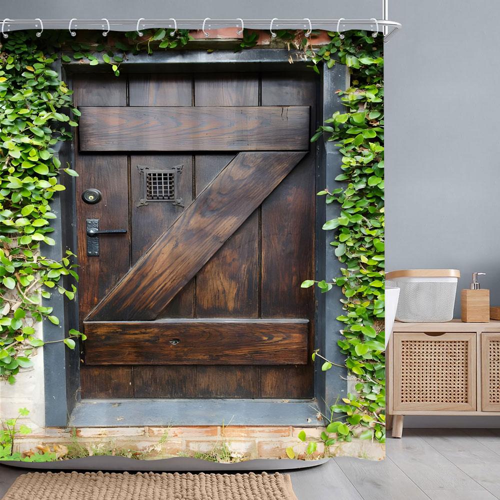 Retro Rustikale Holztüren Duschvorhänge Vintage Bauernhaus Scheune Alte Tür Heimdeko Wasserdichtes Polyester Badezimmer Vorhang Set