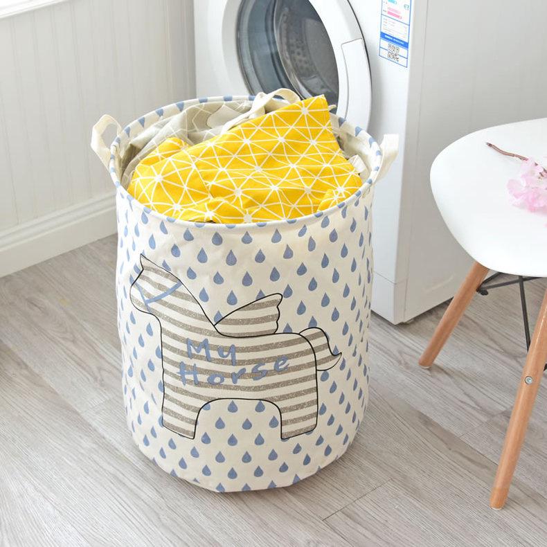 Nordic Cartoon Horse Cotton Linen Laundry Basket - Large Folding, Waterproof Storage for Clothes and Toys