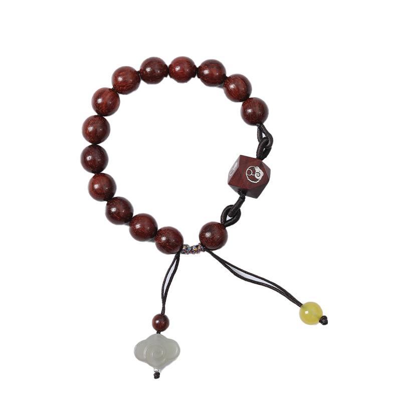 Small-leaf red sandalwood inlaid with silver zodiac three-in-silver six-character proverbs bracelet beaded Taoist bracelet New Chinese ancient style