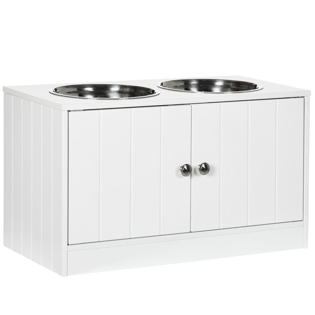Raised Pet Feeder, with Two Bowls, Storage - White