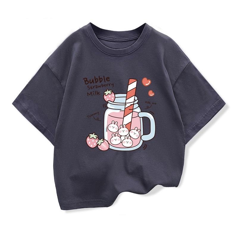 Children's Short-sleeve Patterned Top 2026 Summer New Children's Clothing Girls' Bubble Strawberry Milk Cartoon Casual T-shirt
