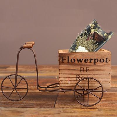 Iron Art Bicycle Flower Rack Vintage Wooden Tricycle Flowerpot Succulent Plant Decoration Desktop Sundries Storage Box Ornaments