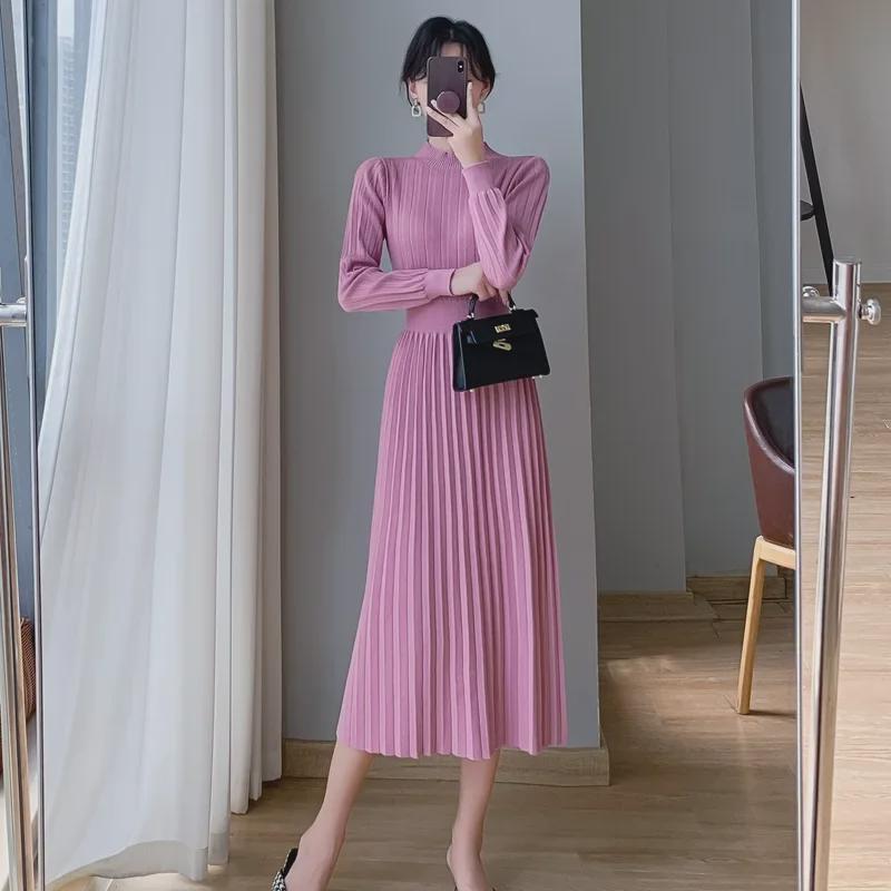 Damska Jesienno-Zimowa Francuska Dzianinowa Sukienka Swetrowa z Płaszczem - Długość Za Kolano