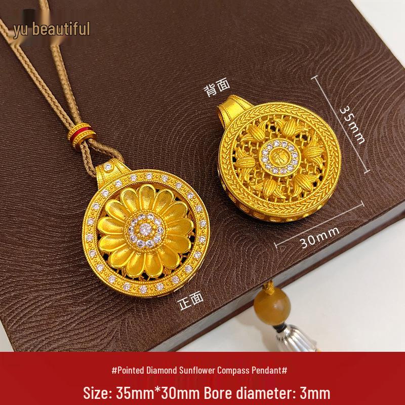 Gold Sand Eight Treasures Compass Pendant Necklace with Gourd Charm for Women