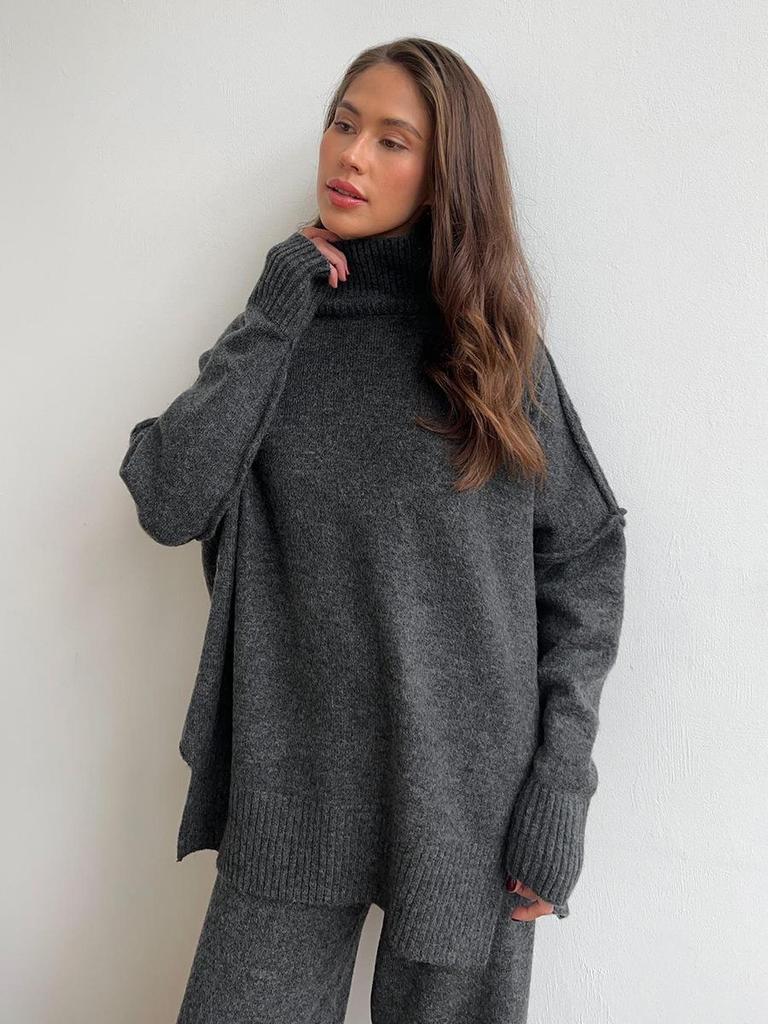 Women's Autumn/Winter High-Neck Sweater and Knit Pants Set - European/American Style, Loose Fit, Thick, Casual
