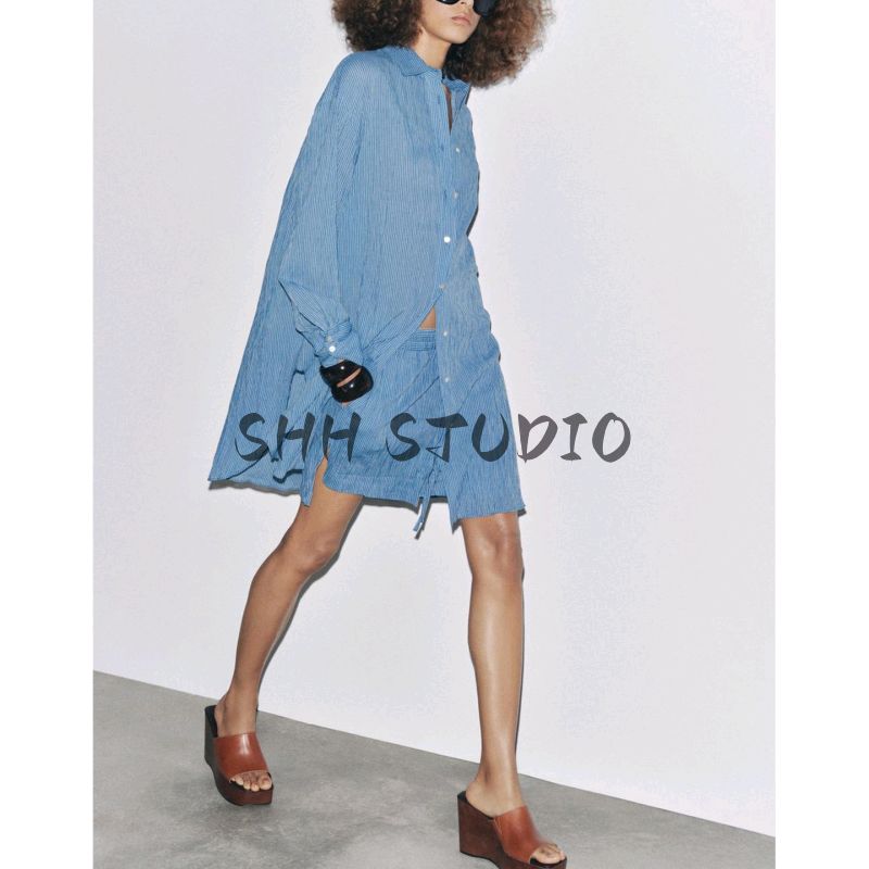 Cotton Blend Lapel Long sleeve Stripe Long Shirt 3796089 Stripe Mid Waist Casual Shorts 3766089