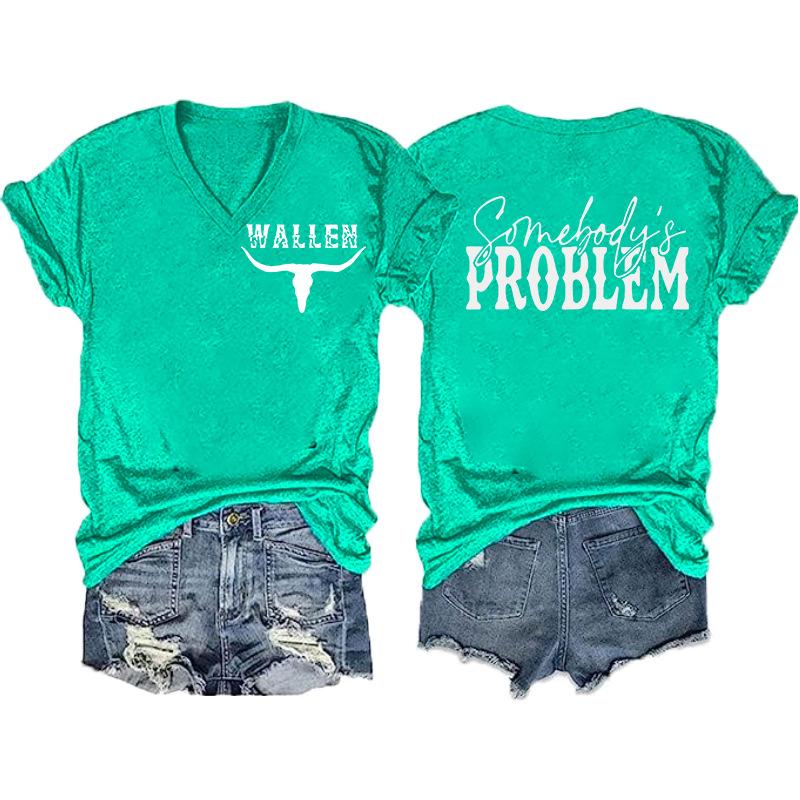 Women V‑Neck Short Sleeve T‑Shirt Double‑Sided Letter Print Casual Street Fashion Ladies Top S‑3XL