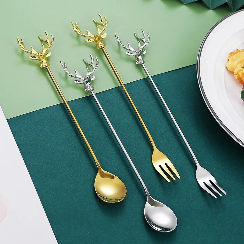 Stainless Steel Coffee Cake Spoon Fork Dessert Spoons Milu Deer Modelling Stirring Teaspoon Ice Cream Spoon Fruit Fork Kitchen