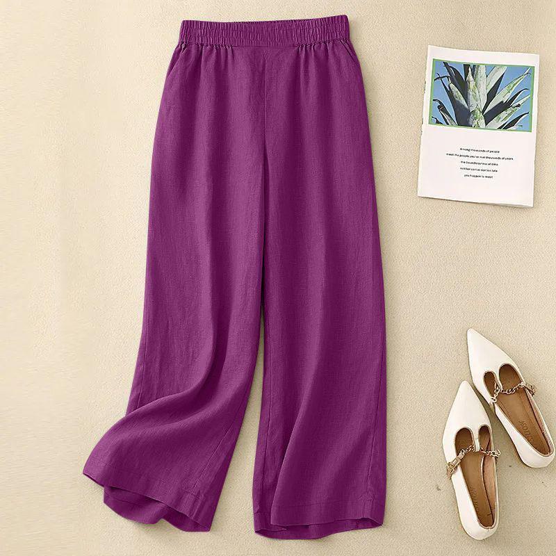 Women Summer Loose Cotton Linen Cropped Pants Solid Color Loose Nine Point Drop Feeling Casual Pants Breathable Straight Trouser