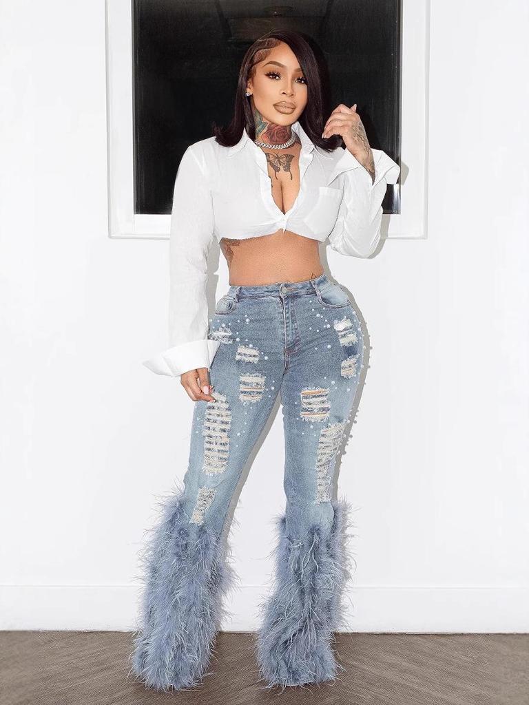 High Waist Distressed Pearl Feather Embellished Jeans