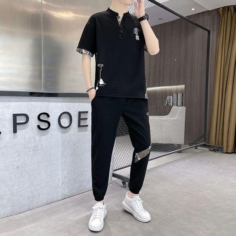 Ice Silk Two-piece Men's Casual Suit Summer Nine-point Pants Embroidered Short-sleeved T Sports Suit