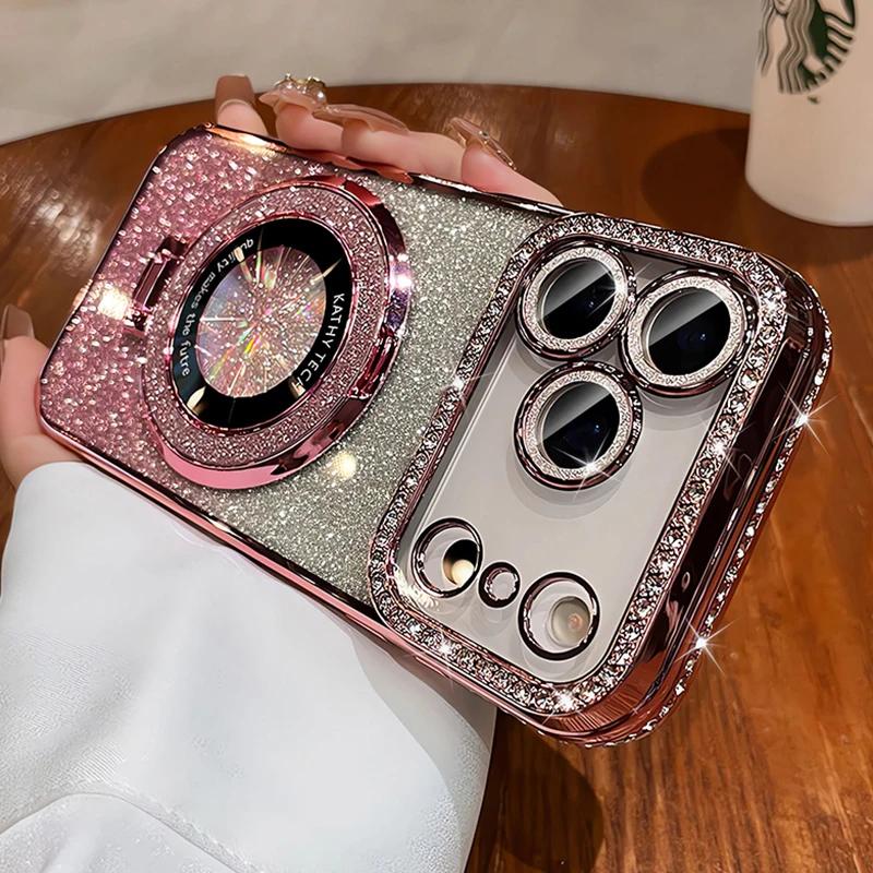 Glitter Diamond Magnetic Bracket Phone Cases For For Iphone 17 16 1 14 13 Pro Max 17Pro For  Wireless Charging Cover