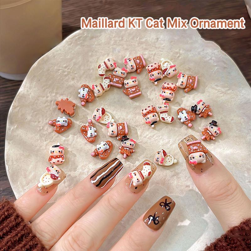 10/20/50Pcs Coffee Hello Kitty Nail Charms Autumn And Winter Melad Color Kt Cat 3D Nail Art Decorations For Kawaii Diy Manicures