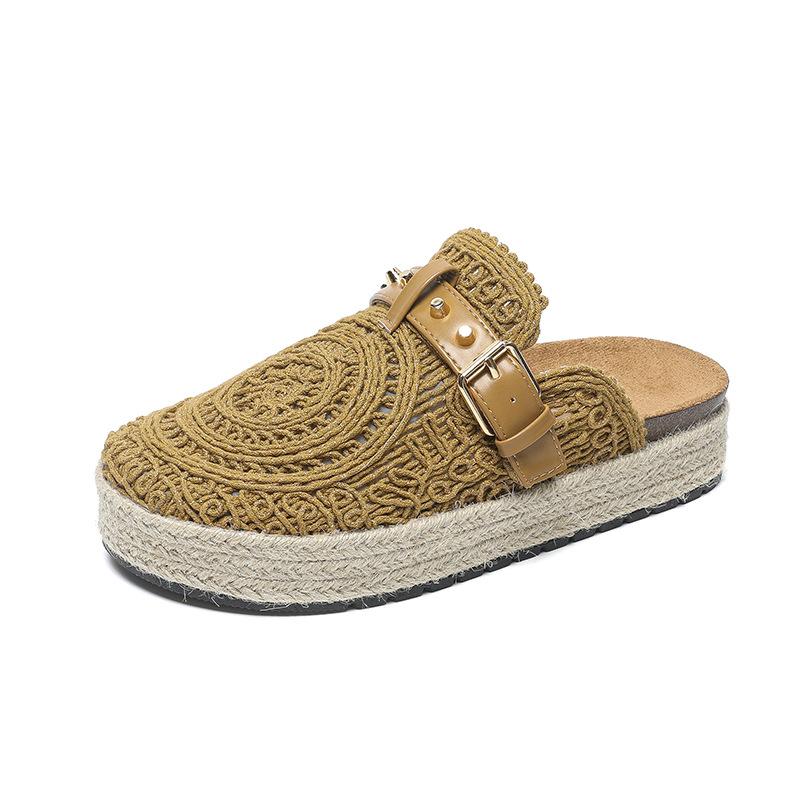 Fashion Flat Shoes Female Slippers Women Summer Slides Fretwork Heels Loafers Cover Toe Fabric Rubber PU Scandals Cotton Round Slippers