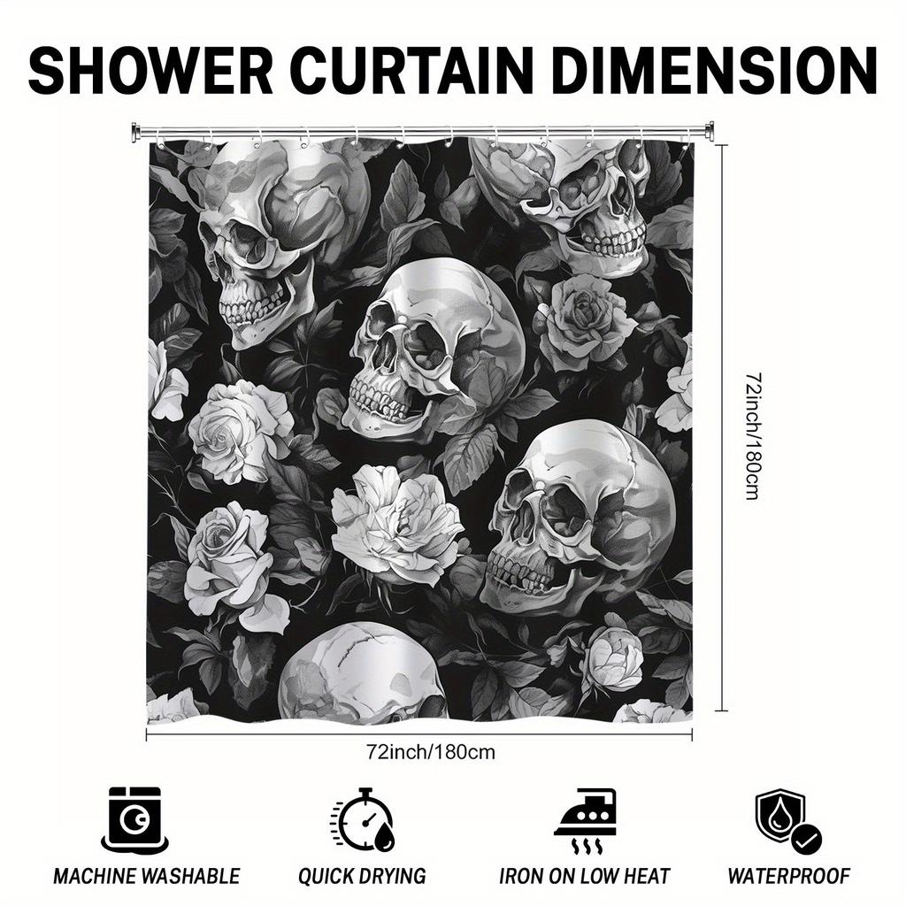 Flowers & Skull Shower Curtain - Durable Polyester, All-Season Modern Home Decor, Includes 12 Hooks, Ideal Bathroom Gift