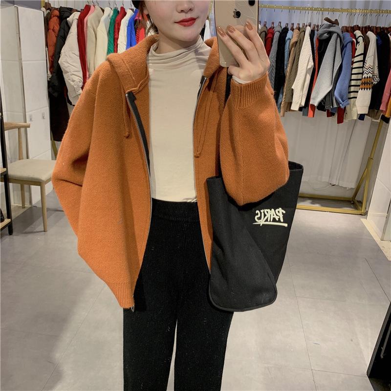 

Autumn and winter hooded sweater jacket sweater women lazy wind age reduction loose and thin knitted cardigan women average size коричневый