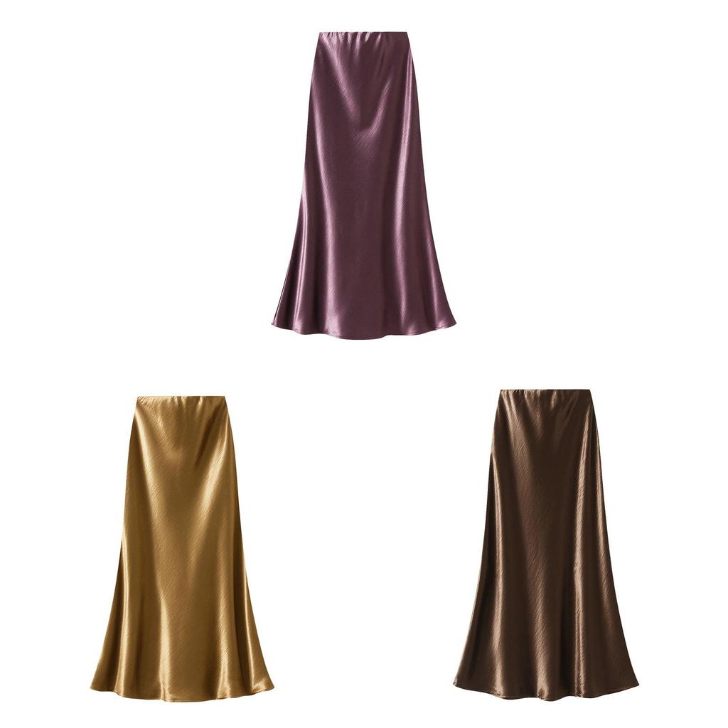 Elegant Satin Fish Tail Skirt For Women With Stretch Waistband In Spring Fashion