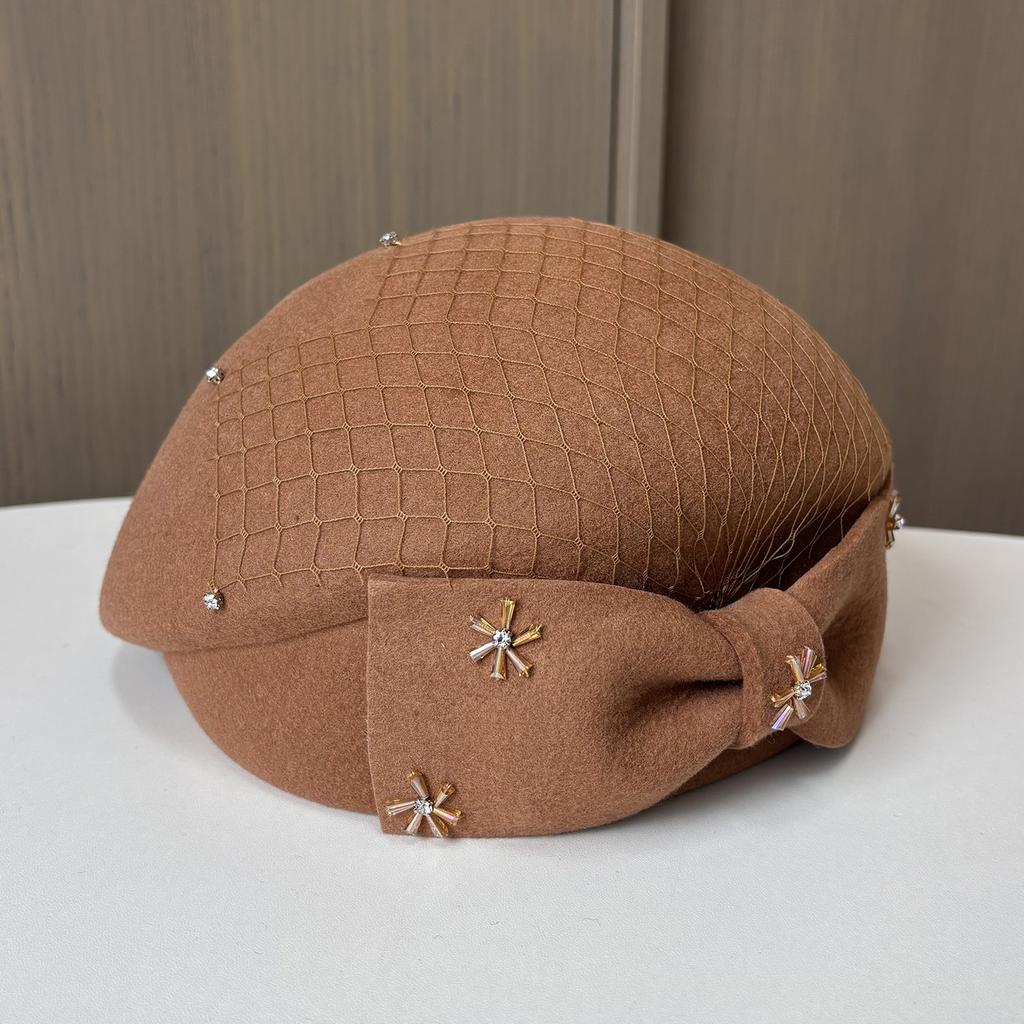 European And American Temperament Wool Beret Women'S Bow Mesh Rhinestone Stewardess Hat Elegant Styling Felt Top Hat
