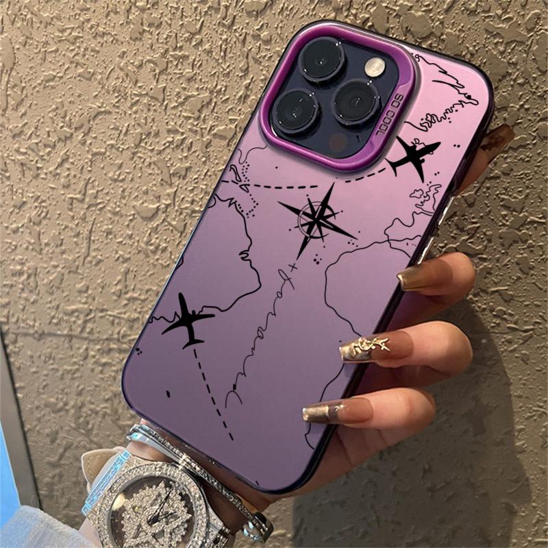 Travel-Inspired Airplane Route Design Electroplate Silver Phone Case For iPhone 16 15 14 13 12 11 Pro Max 7 8 Plus XS XR X Cover