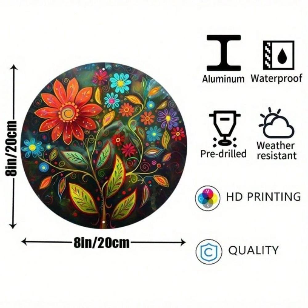 Round Aluminum Metal Wall Art Tropical Leaves Decor 20cm