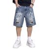 American Retro Ripped Graffiti Denim Shorts Men's Summer Straight Wide-leg Street Loose Casual Five-point Pants Trendy Graffiti Print Denim Shorts