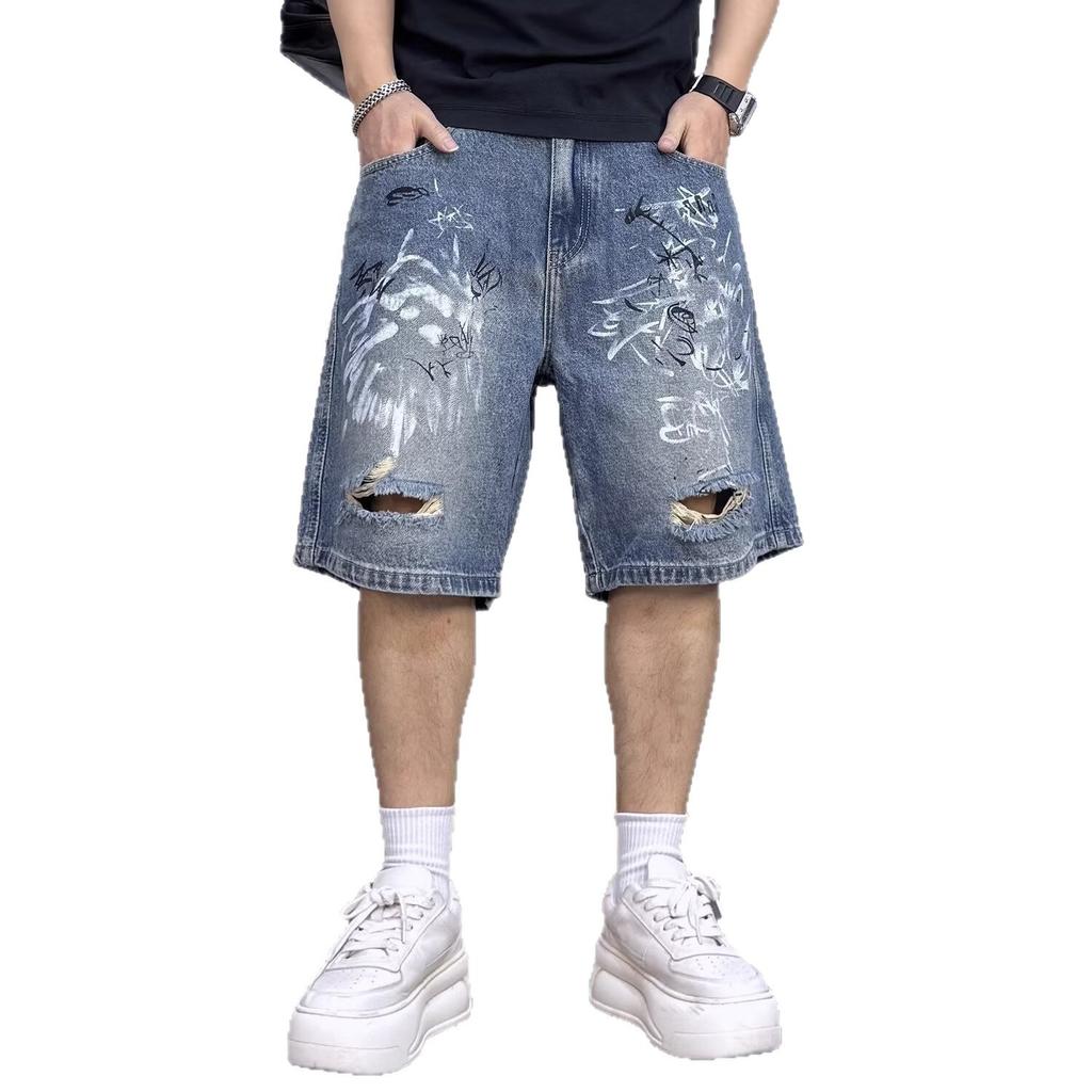 American Retro Ripped Graffiti Denim Shorts Men's Summer Straight Wide-leg Street Loose Casual Five-point Pants Trendy Graffiti Print Denim Shorts