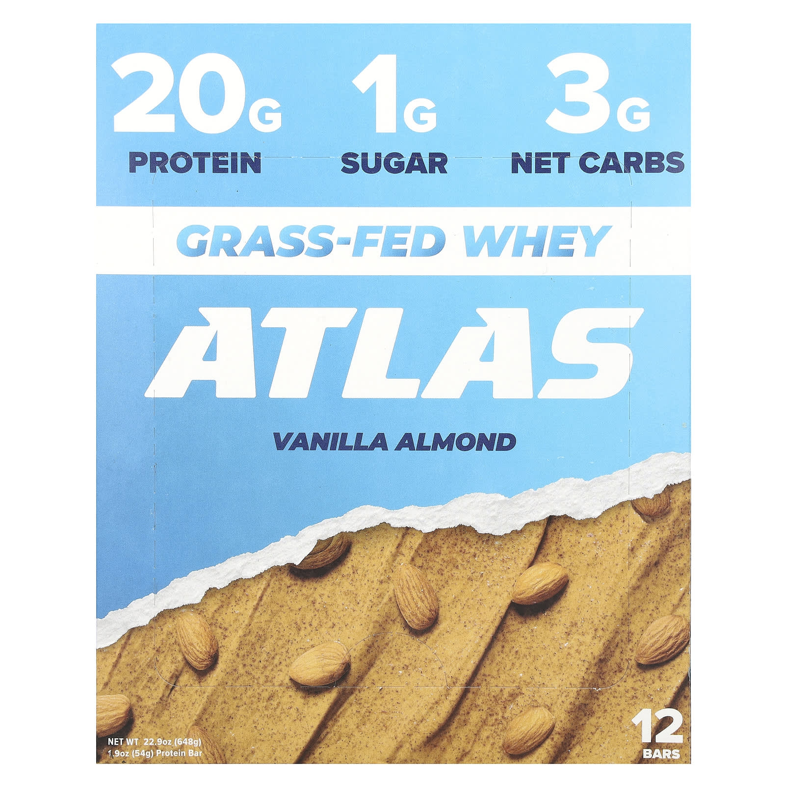 

Atlas Bar, Grass-fed Whey Protein Bar, Vanilla Almond, 12 Bars, 1.9 oz (54 g) Each