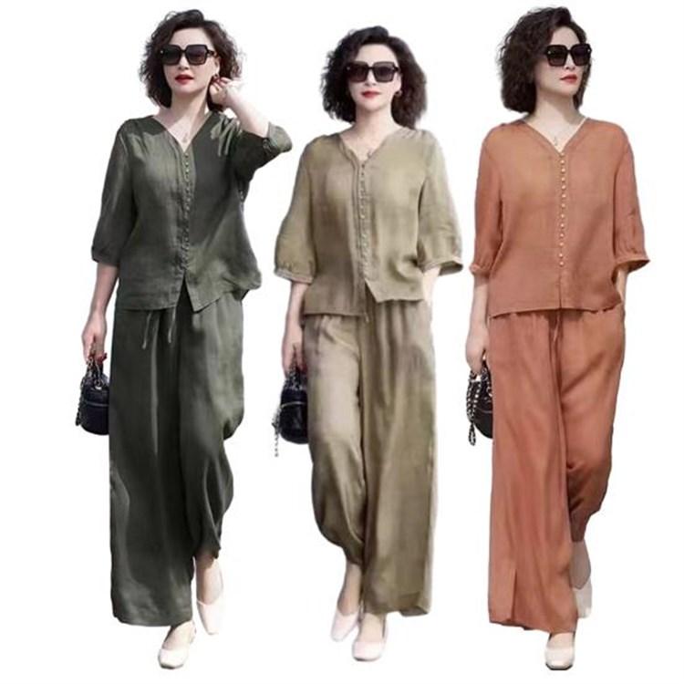 Women Casual 2 Piece Outfit Sleeve Button Down Shirt Wide Leg Pants 45720