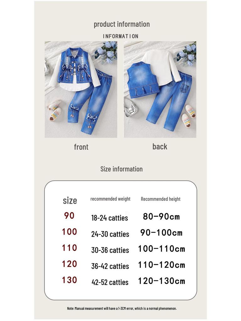 Stilingas mergaičių trijų dalių džinsinis komplektas: 2025 m. Pavasario ir Rudens Kolekcija su Pagrindiniais Marškiniais ir Liemene