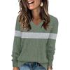 Women's Fashionable Oversized V-Neck T-Shirt With Striped Patchwork Print Long-Sleeved Pullover Top