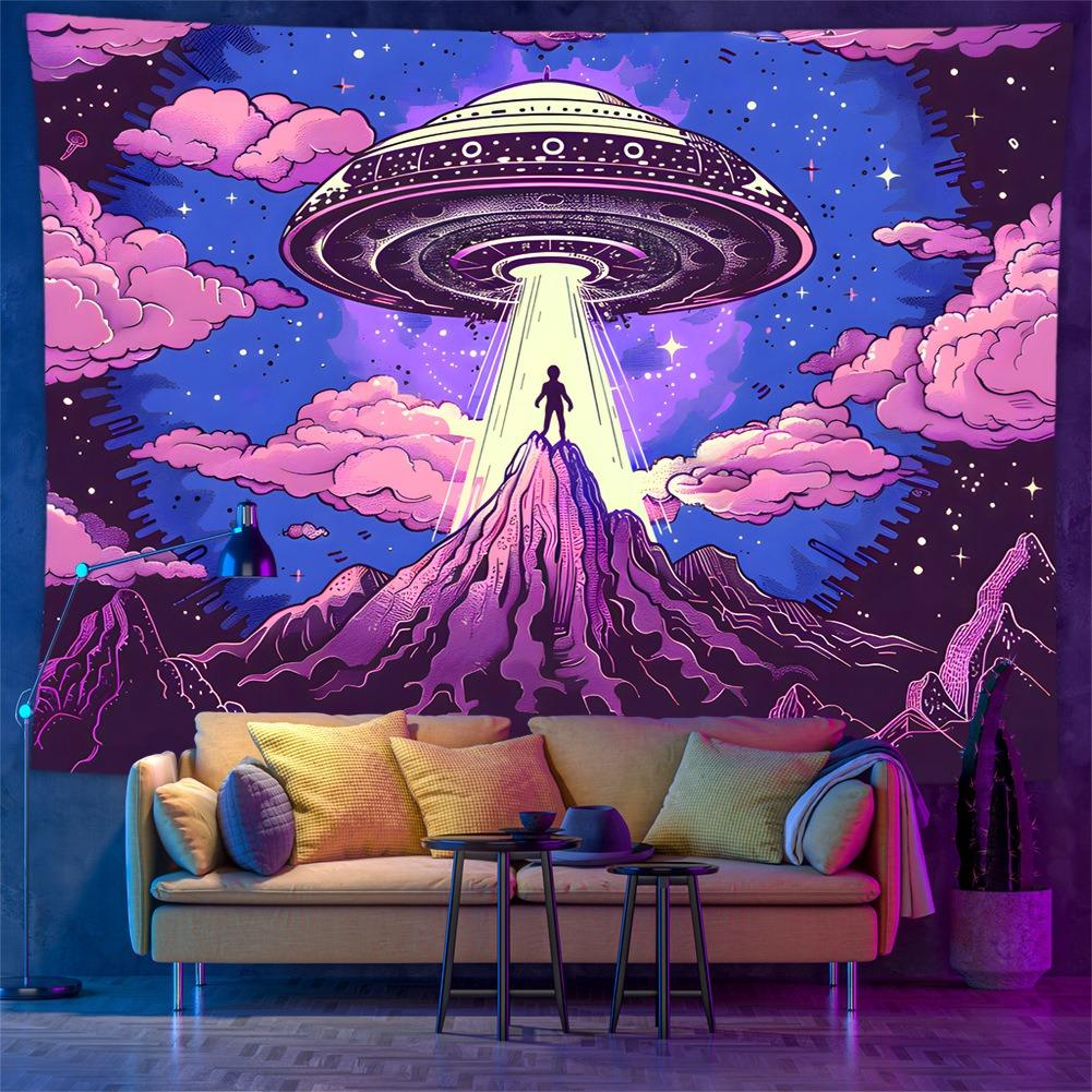 UV Reactive UFO Tapestry Psychedelic Alien Space 2D Flat Printed Peach Skin Wall Hanging Bedroom Aesthetic Gamer Room Decor