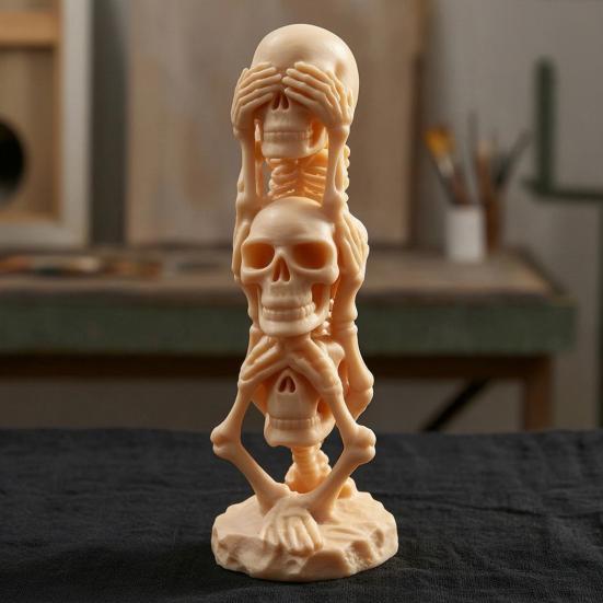 Small Desk Ornament for Men Triple Stacked Skulls Figurine, Spooky See Hear Speak No Evil Skeleton Head Skull Figurine Decor Statue, 3D Printed Gothic
