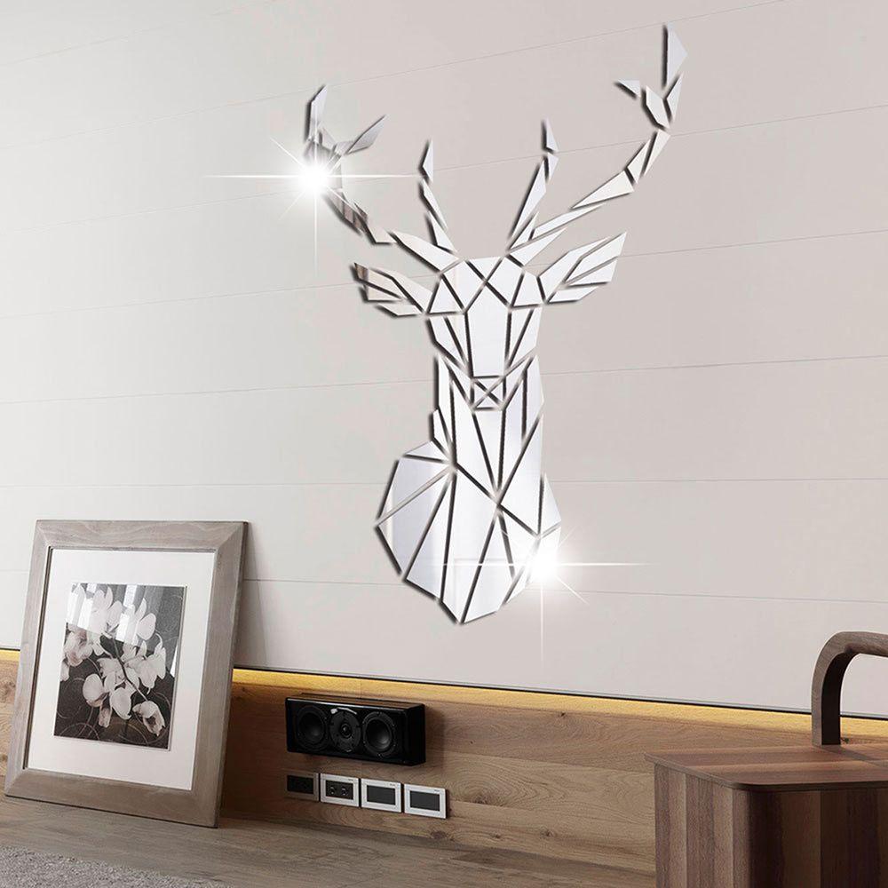 Decoration Self-adhesive Living Room Mural Mirror Surface Decals 3D Deer Head Stickers Wall Art