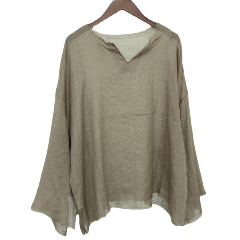 Johnature Women Summer T-shirt V-Neck Long Sleeve Solid Color Tees Ramie High Quality Loose Women Vintage T-Shirts