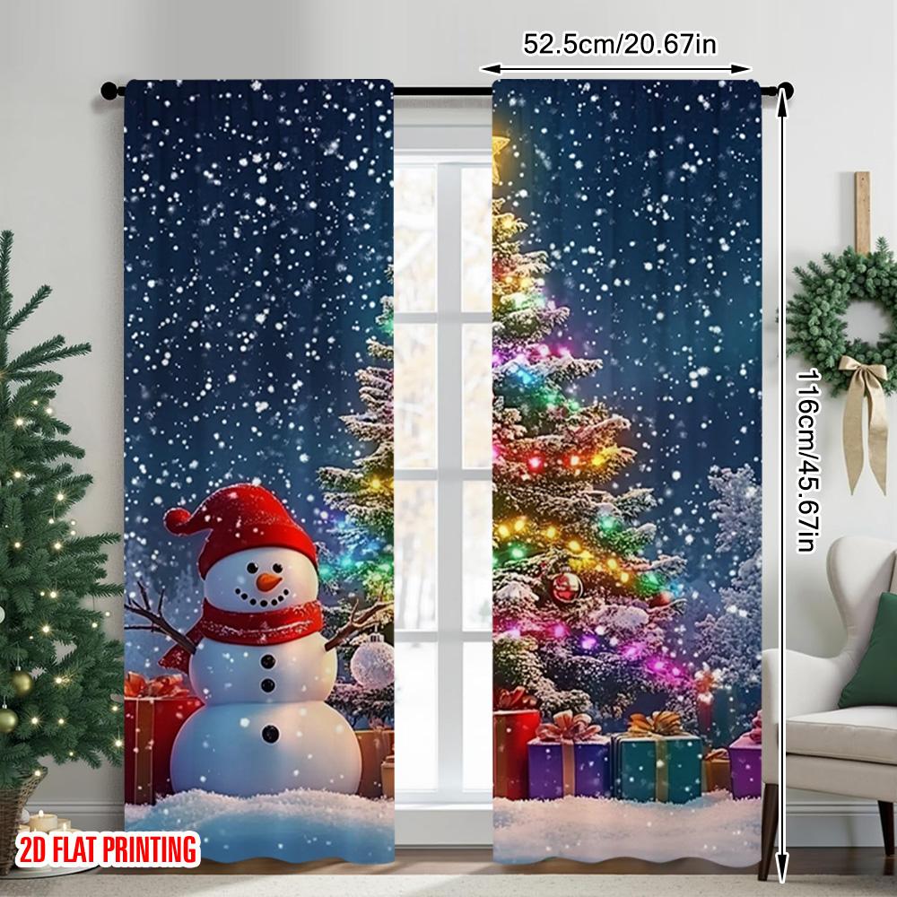2pcs 2D Flat Printing Christmas Curtain Colorful Christmas Trees and Snowmen In the Snow Durable 100% Polyester Fabric Without